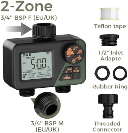 Garden Water Timer 3 Outlet for Garden Hose Programmable Automatic Irrigation Timer with Rain Delay Manual/Auto Mode(2 Zone-BSP) - Image 2