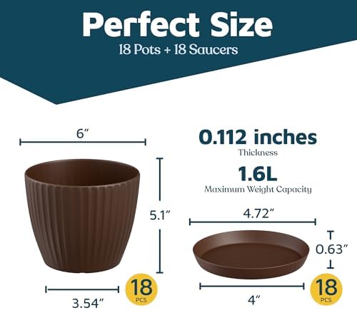 Brown 6-Inch Plant Pots with Drainage & Saucers 18 Pack, Indoor & Outdoor Planters for Houseplants, Herbs, and Flowers, Durable & Weatherproof Material, Stackable, Lightweight, Minimalist Design - Image 2