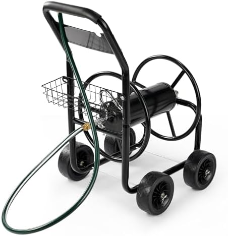 VINGLI 300FT 5/8in Garden Hose Reel Cart, 4-Wheel Portable Residential Hose Reel Cart, Hose Guide System with Storage Basket, Rust Resistant, for Family Yard, Garden and Farm (Black) by VINGLI