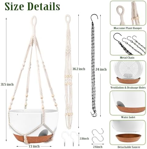 10 Inch Self Watering Hanging Planters with Metal Chain & Macrame Hangers - Image 2