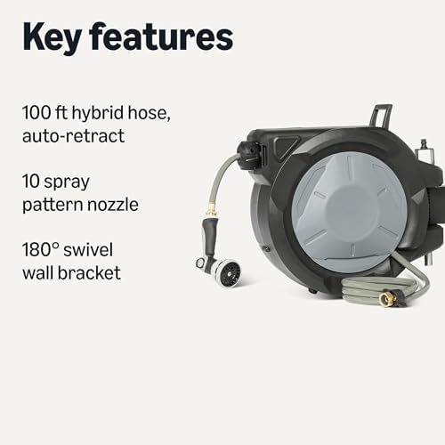 Amazon Basics Retractable Garden Hose Reel, 100 Foot, Wall Mounted, 10-Pattern Spray Nozzle, 180° Swivel Bracket - Image 2