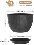 WSMKSZ 12 Inch Large Plant Pots for Indoor or Outdoor Plants, Wide Water Ripples Flower Pots with Drainage Holes & Saucer, Plastic Planters Set for Garden & Home Decor (Black) - Image 2