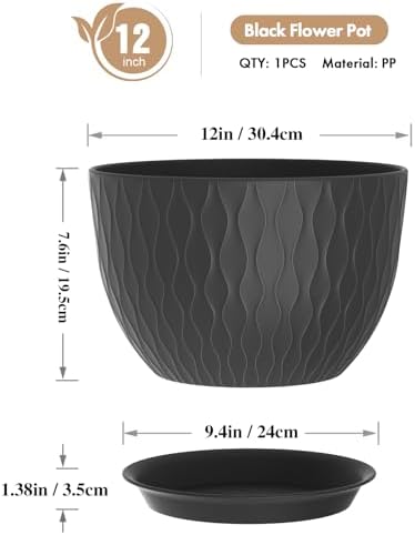 WSMKSZ 12 Inch Large Plant Pots for Indoor or Outdoor Plants, Wide Water Ripples Flower Pots with Drainage Holes & Saucer, Plastic Planters Set for Garden & Home Decor (Black) - Image 2