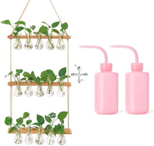 XXXFLOWER Wall Hanging Propagation Station with Wooden Stand 5 Bulb Vase 3 Tiers Planters+ 2Pcs Watering Can,Small Squeeze Bottles for Liquids,Succulent Watering Bottle with Bend Mouth,250 ML by XXXFLOWER