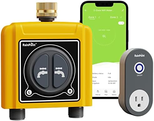 RAINPOINT WiFi Water Timer with Brass Inlet, 2 Outlets Sprinkler Timer,Automatic Irrigation System Controller, APP & Voice Control, Irrigation by Weather/Quantity/Soil Moisture by RainPoint