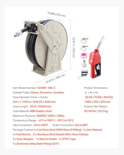 VEVOR Fuel Hose Reel, 3/4 inch x 50 ft Retractable, Spring Driven Auto Swivel Rewind, 300 PSI, Heavy-Duty Carbon Steel Construction with Industrial Grade Rubber Hose, for Diesel Fuel, Kerosene - Image 7