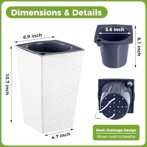 Self Watering Pots for Indoor Plants, 2 Pack Flower Pots Self Watering Planter 10.7" x 6.9" Plastic Pots African Violet Wick and Grow Pots Tall Orchid pots Square Large Plant Pots, White - Image 3