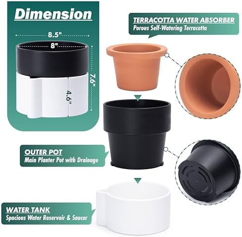 8 Inch Self-Watering Planter Pot with Terracotta Insert, Deep Water Reservoir, and Ceramic-Alike BPA-Free Plastic Planter Pot for Plant, Modern Planter for Houseplants, White/Black, 53-B-T-4 - Image 4