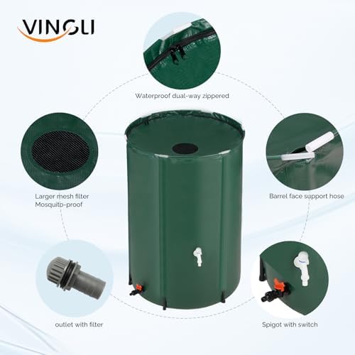VINGLI 100 Gallon Collapsible Rain Barrel, Portable Water Storage Tank, Rainwater Collection System Downspout, Water Catcher Container with Filter Spigot Overflow Kit - Image 3