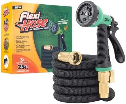 Flexi Hose with 8 Function Nozzle, 25FT - Lightweight Expandable Garden Hose, No-Kink Flexibility, 3/4 Inch Solid Brass Fittings and Double Latex Core by FlexiHose