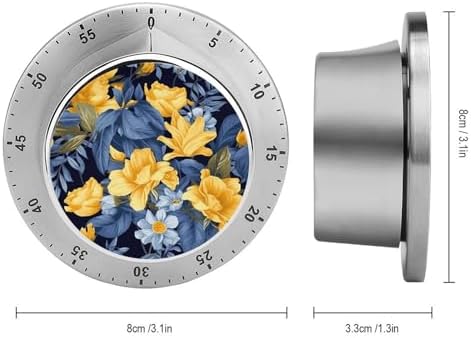 Mechanical Kitchen Timers for Cooking,Blue Base Yellow Floral Printed 60 Minute Magnetic Countdown Timer,Cute Cooking Timers with Alarm,Stainless Steel Time Timer Manual No Batteries Required - Image 2