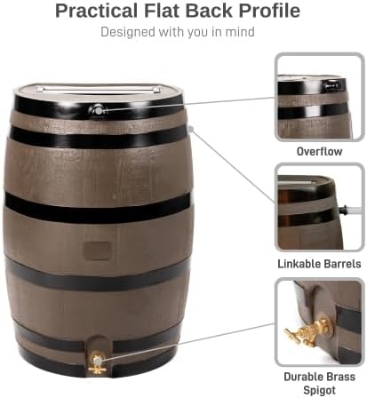 RTS Home Accents 50-Gallon Rain Barrel, Flat Back Rain Water Collection Barrel, Stand and Link Kit Included, Woodgrain with Black Stripes (2 Pack) - Image 4