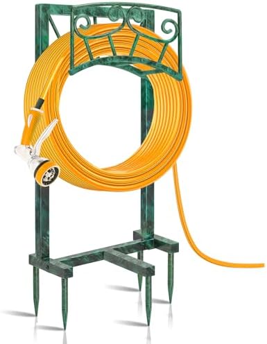 Garden Hose Holder, Heavy Duty Metal Water Hose Holders Hose Stand with 5 Spikes, Freestanding Hose Storage Rack Hose Hanger Holds 150ft Hose for Outside Yard Lawn Garden Decor (Retro Green) by Gouisalin