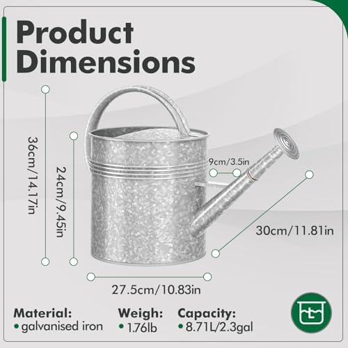 Galvanized Iron Watering Can for Indoor Plants, Oval Watering Cans for House Plant Garden Flower, Long Spout Water Can for Outdoor Watering Plants 9.46L 2.5 Gallon - Image 2