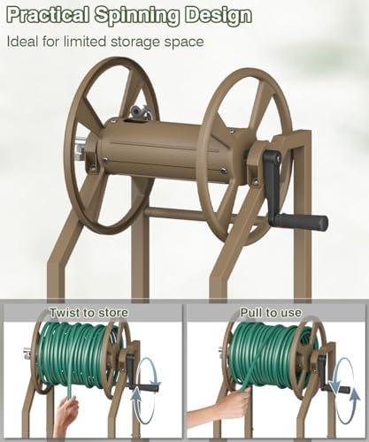 4-Spike Garden Hose Reel with 3.9ft Leader Hose & Stainless Fitting, Outdoor Hose Holder holds 125ft Hose of 5/8", Freestanding Metal Hose Stand for Outside Yard Lawn, Brown - Image 6