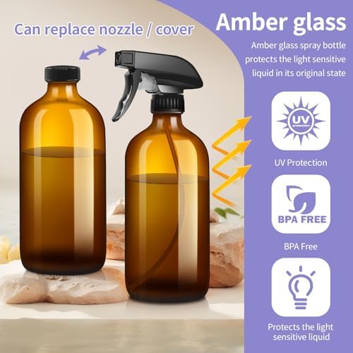 sietpoek 9 Pack Glass Spray Bottle 16oz, Empty Amber Spray Bottle Refillable Container for Essential Oils,Cleaning Products,Aromatherapy spray device - Image 5