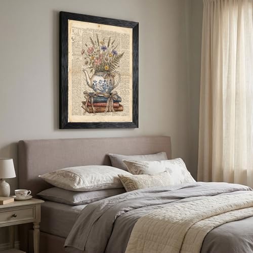 Framed Canvas Wall Art Vintage Teapot and Wildflowers Earthy Sepia Watercolor Book Page Canvas Print Poster Black Frame Wall Decor for Kitchen Bedroom Cottagecore Art, Rustic Decor - 24x36 Inch - Image 6