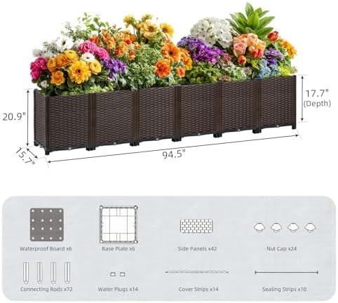 Extra Large Rattan Planter Outdoor 17.7" Deep -Elevated Planter Box with Drain Outlet 95"L x 16"W x 21"H, Self Watering Raised Garden Beds for Vegetables, Flowers, Herbs Standing Gardening Kit - Image 6