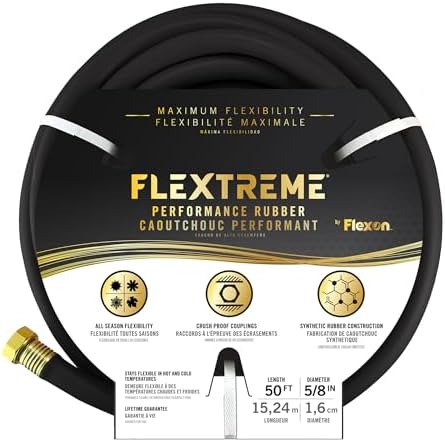 Flexon Flextreme 5/8" x 50ft Black Synthetic Performance Rubber Garden Hose – Lightweight, All-Weather Flexibility, Heavy-Duty, Kink-Resistant, Solid Brass Couplings, Watering Hose for Lawn & Garden by Flexon