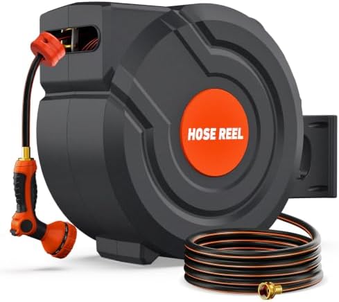 100FT Retractable Garden Hose Reel 5/8 Inch Heavy Duty Wall Mounted Retractable Hose Reel with 9-Pattern Nozzle, 180° Swivel Auto Rewind, Any Length Lock Water Hose Reel for Yard Garden Car Washing by FARMMAC