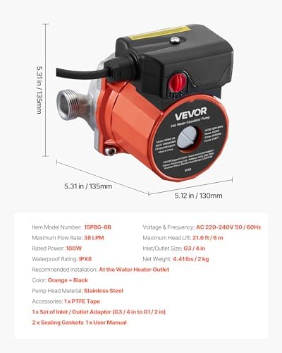 VEVOR Hot Water Recirculating Pump, 10 GPM, Instant Circulation Circulator Pump System, 3-Speed Control, 0.13 HP, 110-120V, NPT 3/4 in to NPT 1/2 in Adapter, Stainless Steel Head, for Water Heaters - Image 7