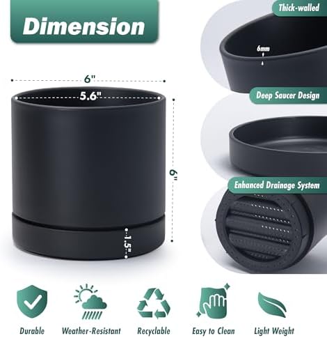 Phoenix Vine 6 Inch Planter Pot with Drainage Hole & Saucer, Deep Water Catch Tray, Straight Cylindrical Round Pot for Plants, Matte Black, Pack of 4, 23-C-S-4 - Image 2