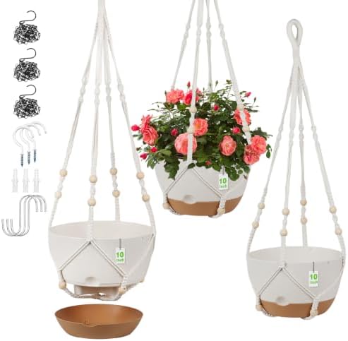 3 Pack Hanging Pot for Indoor Plants, 10inch Self-Watering Hanging Planter, Macrame Plant Hanger with Pot, Metal Chain, S & Ceiling Hooks, Removable Saucer and Drainage Holes for Garden Home - White by JGB