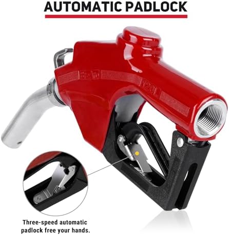 1" NPT Automatic Fuel Nozzle, Auto Shut-Off Gas Pump Nozzle Max Flow Rate 30GPM, 3-speed Padlock 19/16 Inches (OD=30mm) Spout for Gasoline, Diesel, Kerosene Biodiesel (Red) - Image 5