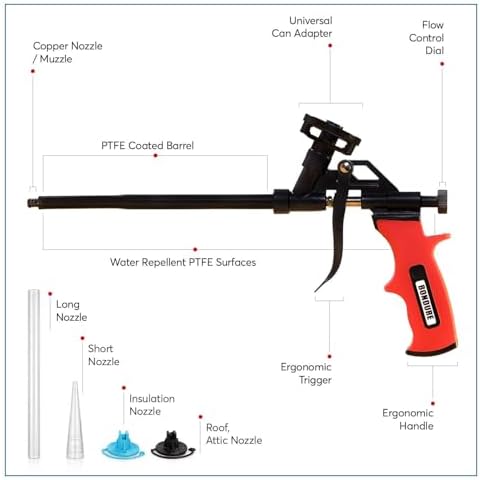 Pro Spray Foam Gun, (8 inch) PTFE (Teflon) Coated Non-Stick, Adjustable Flow Control Dial, Ergonomic Handle, Universal Screw Top Can Adapter, Long Reach Barrel, Includes Nozzle Set - Image 2