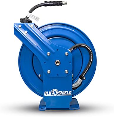 BluShield 1/4" Pressure Washer Dual Arm Hose Reel with 35% Lighter Polyester Braided Hose - Hot and Cold Water, 1 Year Warranty, 3100 PSI, M22 (1/4" x 100') by BluShield