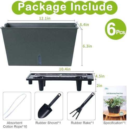 Window Box Planter 6 Pcs, 12.6 Inches Self Watering Rectangle Flower Plant Pots with Drainage Holes & Breathable Trays, Vegetable Planters for Windowsill Patio Garden Balcony Porch Yard (Dark Green) - Image 7