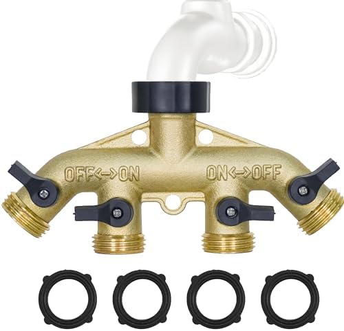 Hose Splitter 4 Way, Diivoo Heavy Duty Brass Hose Y Connector, High Flow Spigot Splitter, Easy Grip Faucet Adapter, Solid Spigot Shut Off Valve for Outdoor Gardening, 3/4" Standard by Diivoo