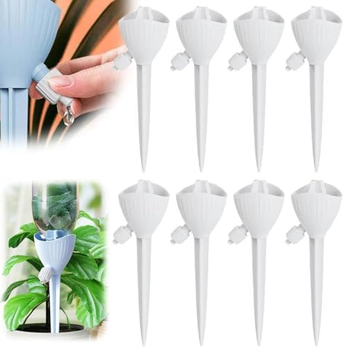 Self Watering Spikes, 4/8 Pack Automatic Plant Waterer with Adjustable Valve, Drip Irrigation Stakes for Indoor & Outdoor Plants, Self Watering Insert Devices for Garden, Vacation (8, White) by Spwejsr