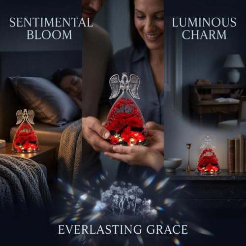 Preserved Real Flower Rose in Large Angel Figurine Glass Dome, LED Light Up Red Rose Gift for Mom, Valentines Day Gift for Mother, Romantic Keepsake for Home Decor - Image 5