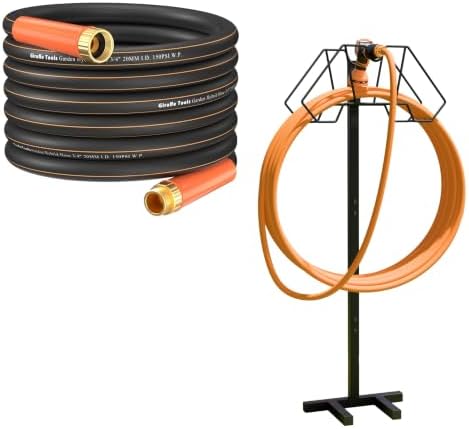 Giraffe Tools Garden Hose 50ft x 3/4" and Garden Hose Holder with 4 Spikes Holds 150FT, Freestanding by GiraffeTools