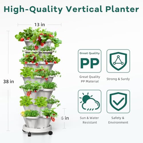 7 Tiered Strawberry Vertical Planter 2 Pack, Stackable Tower Garden Planter Herb Garden Planter with Movable Casters and Bottom Saucer Indoor and Outdoor - White - Image 2