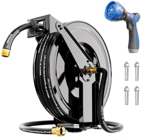 SPECILITE Retractable Garden Hose Reel with 5/8" 50ft Hot/Cold Pipe, Black by SPECILITE