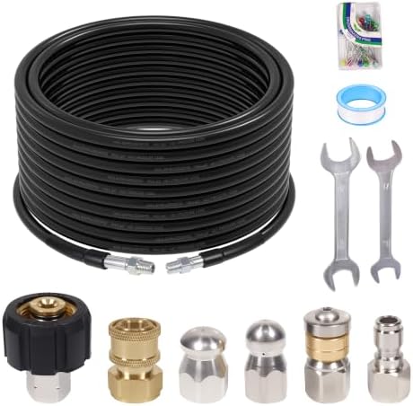 70FT Sewer Jetter Kit for Pressure Washer, 5800PSI, 1/4 Inch NPT Drain Cleaner Hose Sewer Jetting with Rotating Corner Button Nose Nozzle for Pipe Cleaning by NuFlySic
