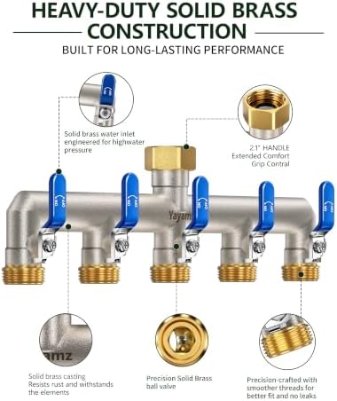 5-Way Garden Hose Splitter, Heavy-Duty Brass, 3/4" GHT, Blue - Image 2