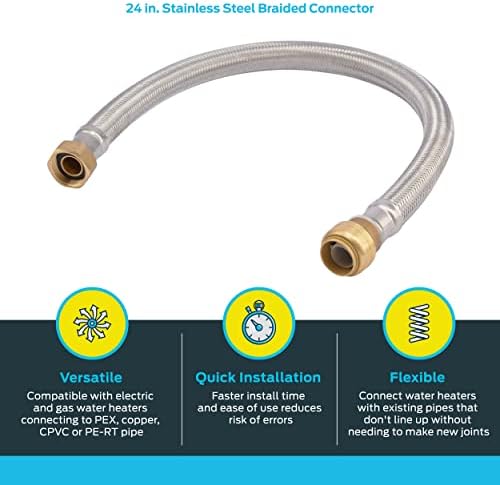 SharkBite 3/4 Inch x 3/4 Inch FIP x 24 Inch Stainless Steel Braided Flexible Water Heater Connector, Push To Connect Brass Plumbing Fitting, PEX Pipe, Copper, CPVC, PE-RT, HDPE, U3088FLEX24LF - Image 3