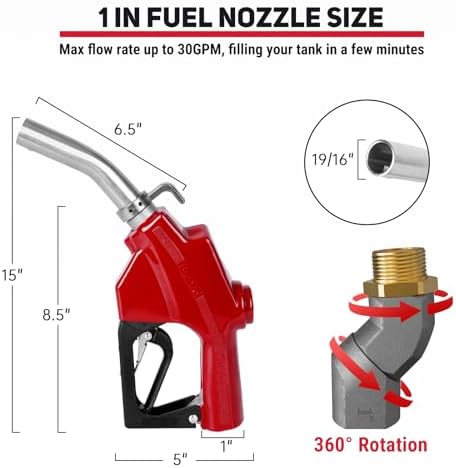 1" NPT Automatic Fuel Nozzle, Auto Shut-Off Gas Pump Nozzle Max Flow Rate 30GPM, 3-speed Padlock 19/16 Inches (OD=30mm) Spout for Gasoline, Diesel, Kerosene Biodiesel (Red) - Image 2