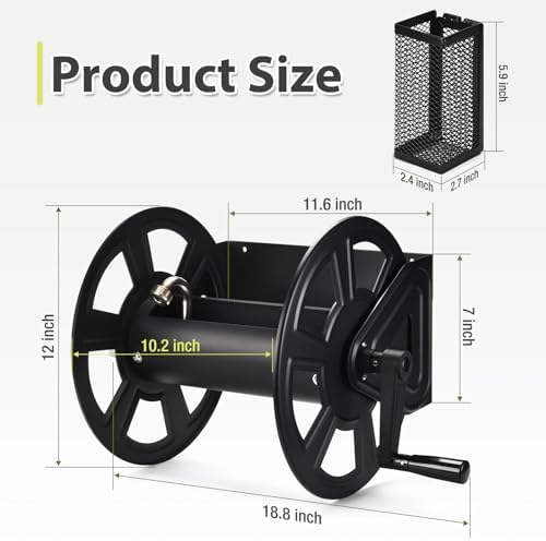 GADFISH Garden Wall Mounted Hose Reel, Metal Hose Reel, Holds 125ft of 5/8-Inch Hose(Not equipped), Equipped with 3.9ft Water Supply Hose and Small Storage Basket, Suitable for Gardens & Yards - Image 2