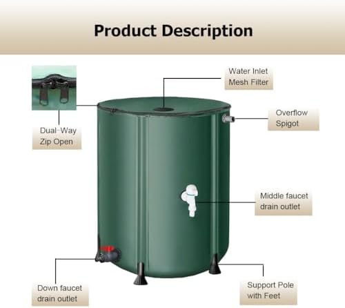 13.2-264 gal Collapsible Rain Barrel, Portable Water Storage Tank, Rainwater Collection System Downspout, Water Catcher Container with Filter Spigot Overflow Kit(Green,0.7x0.98m/380L/100.4gal) - Image 3