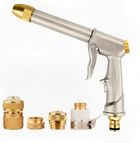 High-Pressure Metal Water Sprayer, Heavy Duty Adjustable Hose Nozzle with 4 Metal Hose Connectors, Multipurpose Sprayer for Car Washing, Garden Watering, Patio & Driveway Cleaning (silver) by Unknown
