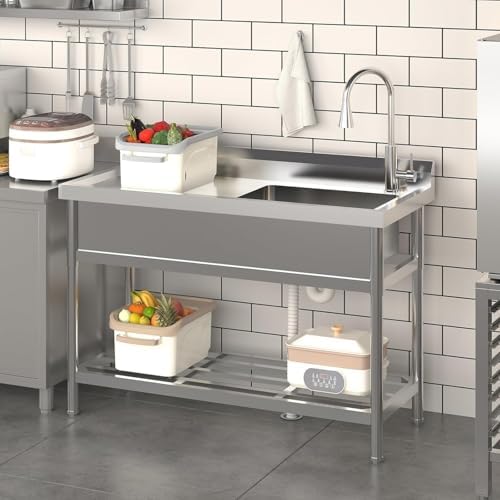 47"x37"x42.5" Stainless Steel Utility Sink, Freestanding Single Bowl with Hot & Cold Water Faucet, Commercial Kitchen Laundry Bathroom Garage Garden Sink - Image 2