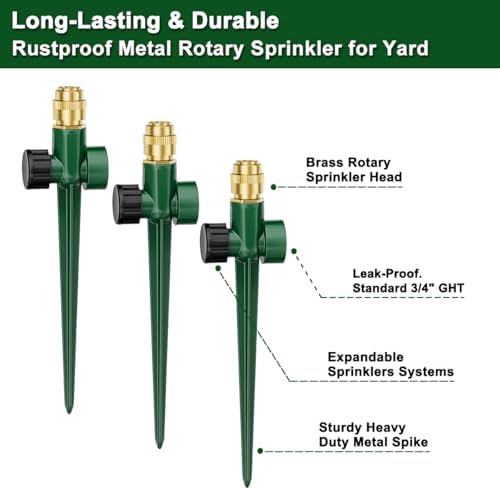 FANHAO 3-Pack Heavy-Duty Metal Lawn Sprinkler for Yard, 360° Adjustable Garden Water Sprinkler with Spike Base, Large Area Irrigation System for Lawn, Grass, Patio & Backyard - Image 4