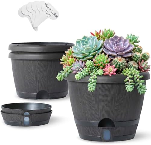 Sun-E 10 Inch Whiskey Barrel Self Watering Planters, Wood Look, 3-Pack by SESUN-E