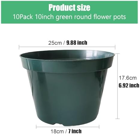 10 Pack Green Plastic Planter Pots, 10 Inch Thick with Multiple Drainage Holes, for Herbs, Strawberries, Flowers - Indoor/Outdoor - Image 2