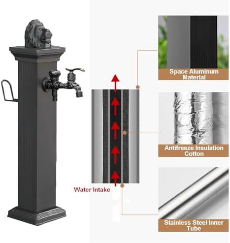 Freestanding Garden Water Column, Antifreeze Water Fountain Post, Hose Holder with Double Outlet Faucet for Villa Courtyard Camping(114cm/44in) - Image 2