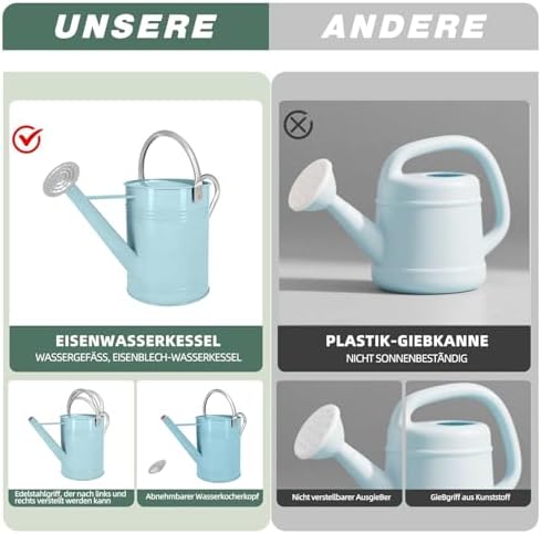 6.5L Light Blue Galvanized Steel Watering Can - Rust-Resistant Rust-Proof Metal Pot with Removable Long Spout & Ergonomic Movable Handle for Indoor Outdoor Plants, Garden Lawn Flowers - Image 5
